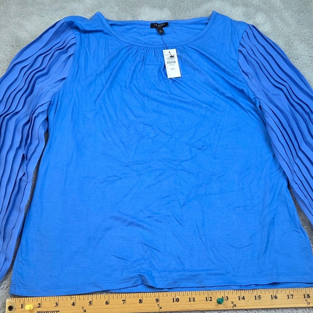 Talbots Pleated Sleeve Top Womens PM Accordion Long Sleeve Scoop Neck Knit Blue